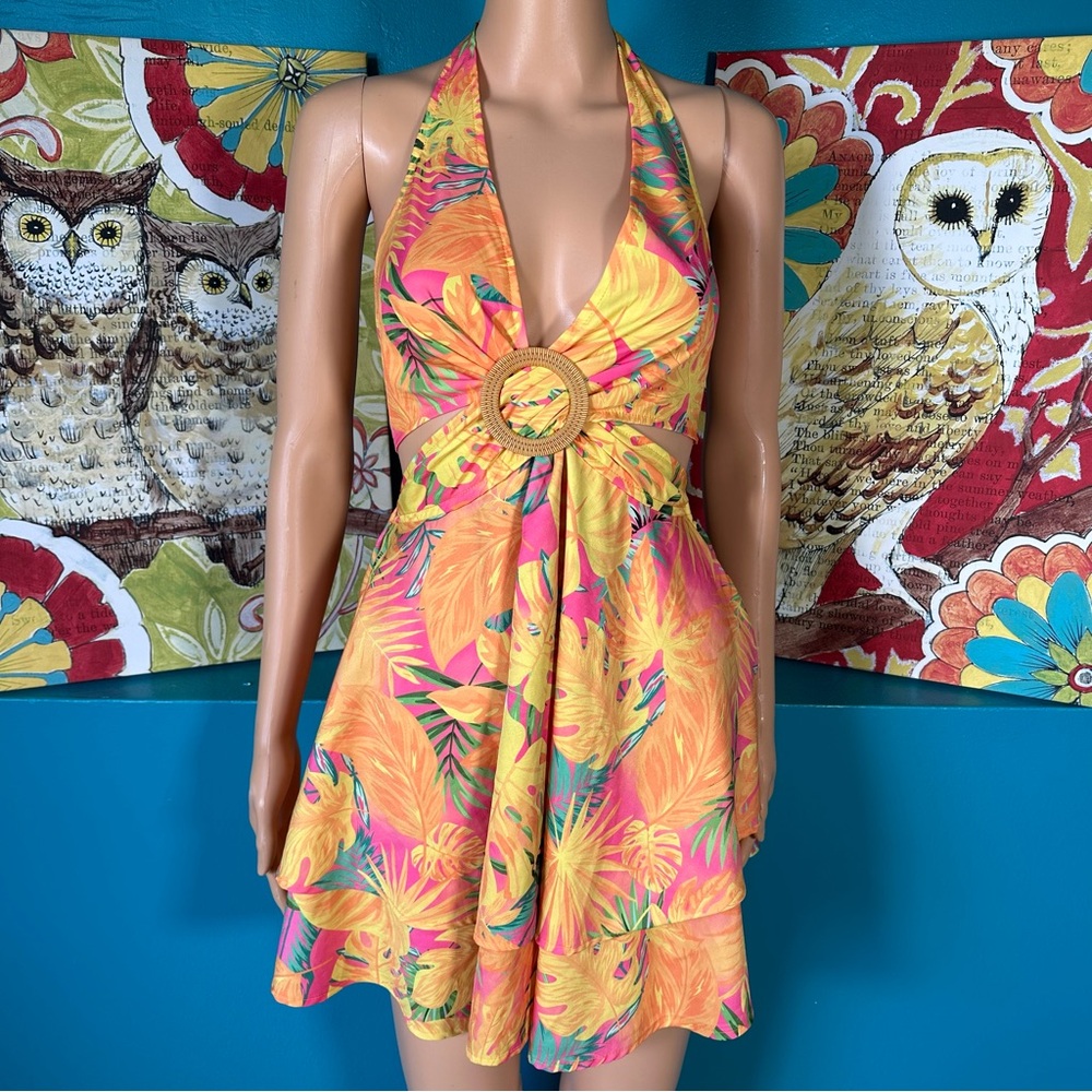 Shein Dress Tropical Print Layered Hem Tie Backless Halter Hawaiian Sun‎ Dress - Picture 8 of 10